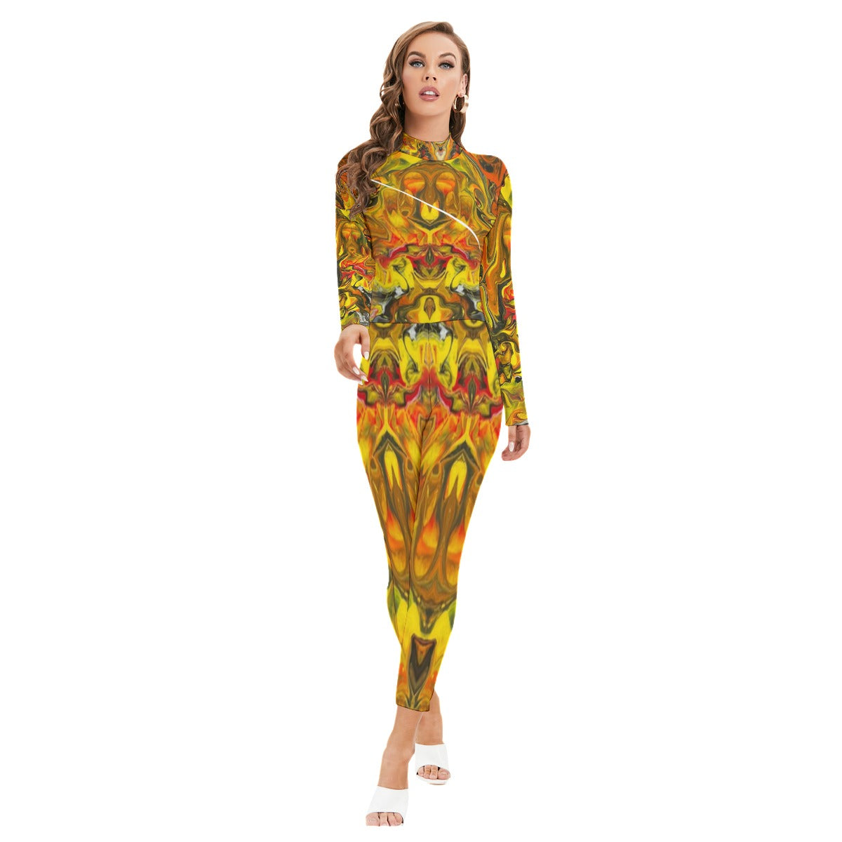 All-Over Print Women's Long-sleeved High-neck Jumpsuit With Zipper