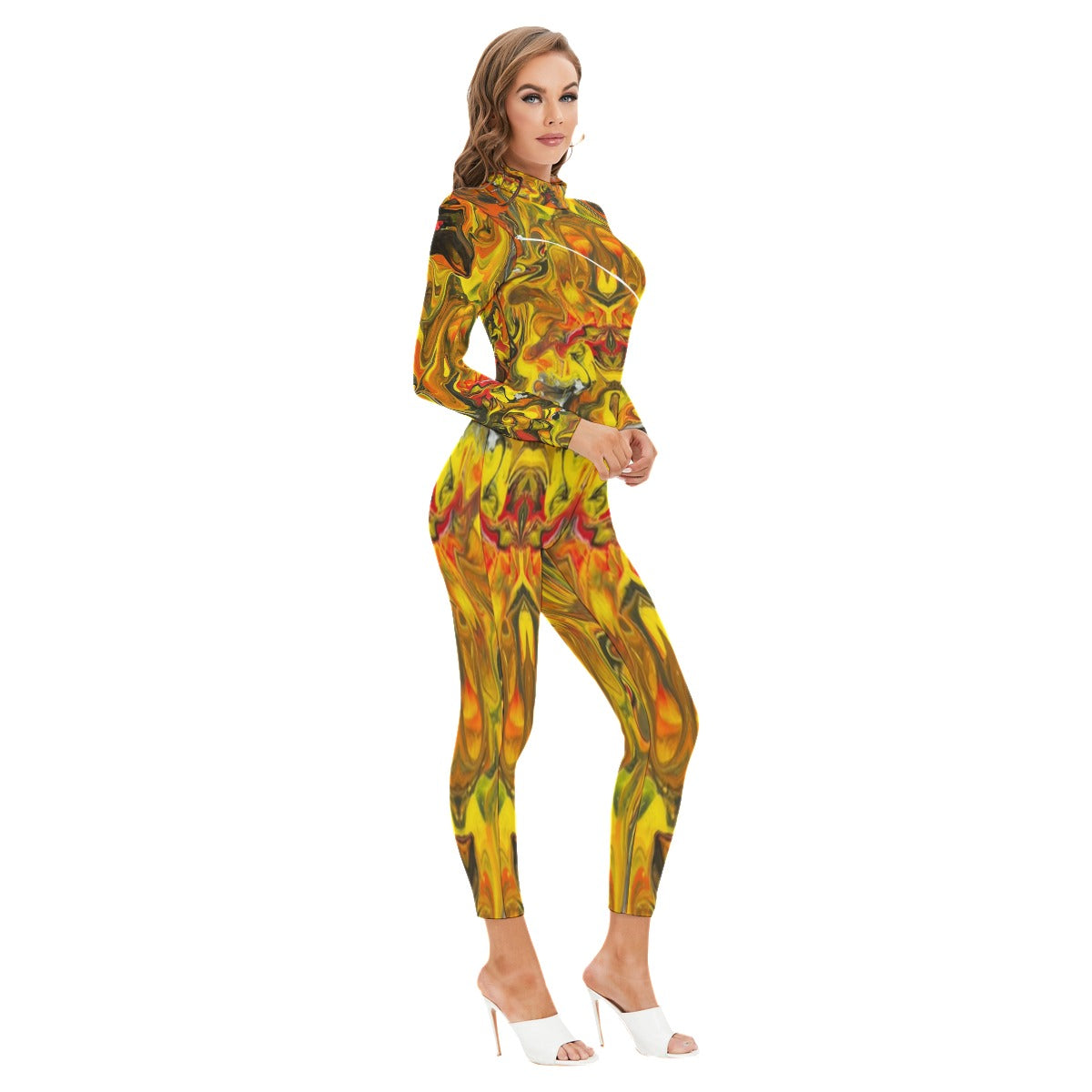 All-Over Print Women's Long-sleeved High-neck Jumpsuit With Zipper