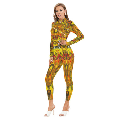 All-Over Print Women's Long-sleeved High-neck Jumpsuit With Zipper